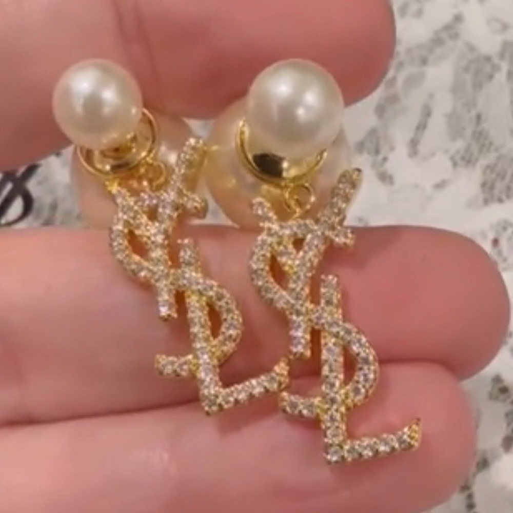 Yves Saint Laurent Gold and Pearl Logo Earrings - Picture 3 of 4